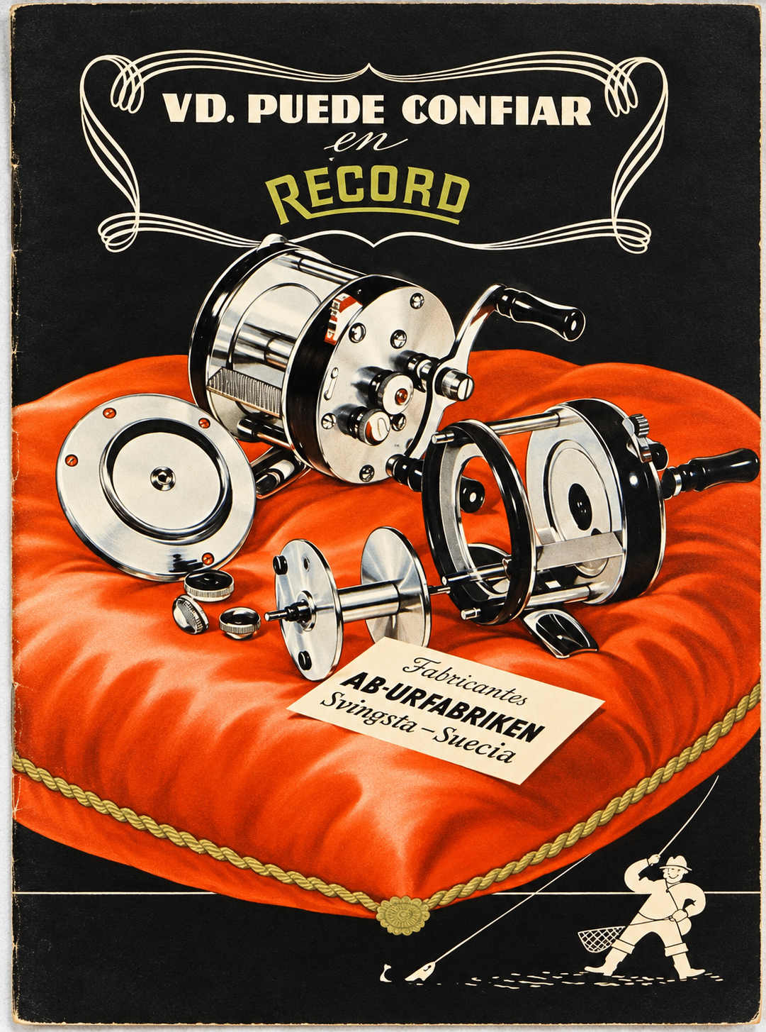 Couverture du catalogue espagnol Record 1946 — Ud. Puede Confiar en Record avec des moulinets Record sur un coussin rouge, AB Urfabriken, Svängsta